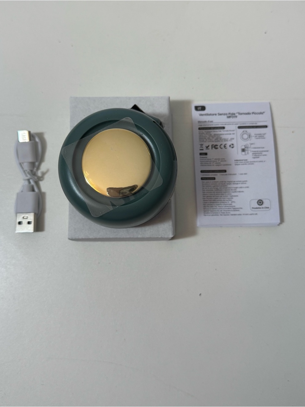Portable Green and Gold Wearable Fan - USB Rechargeable
